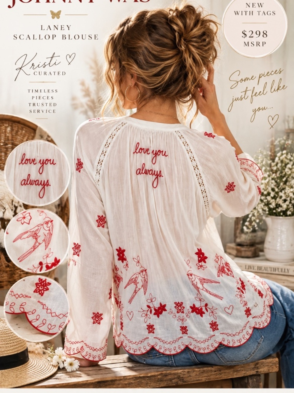 Johnny Was Laney Scallop Blouse Embroidered Off White Large NWT $298
